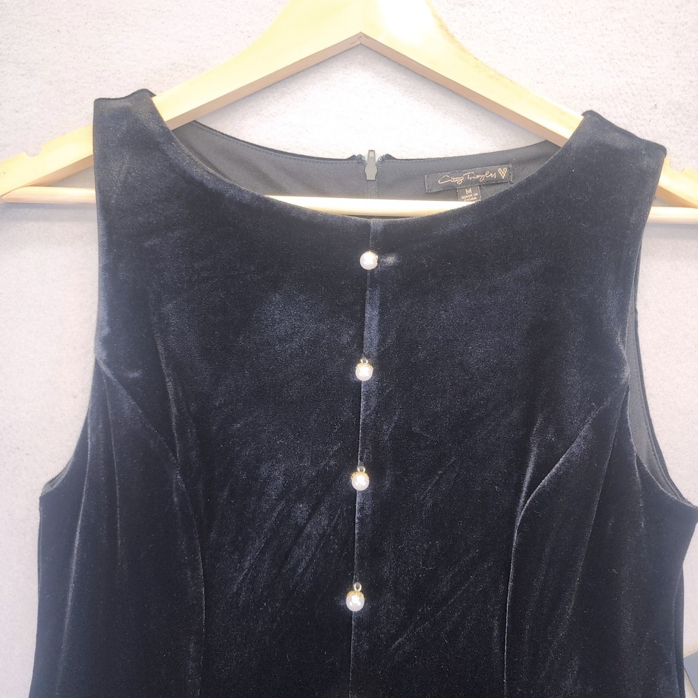 City Triangles Black Velvet Bubble Hem Dress Pearl Button Mini Cocktail Womens M - Picture 3 of 13